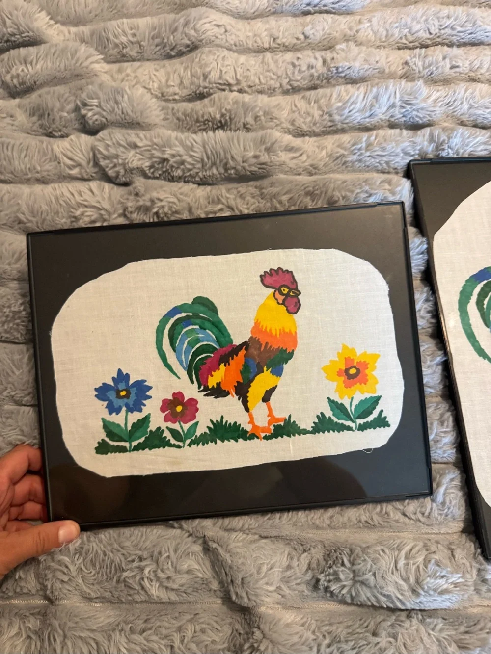 Colorful Rooster hand painted Wall Art - Pair framed.